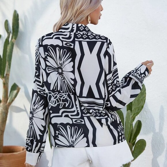 Boho Geo Print Button Front Shirt Black And White - Picture 2 of 5